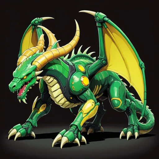 Prompt: green quentzal-like dragon with long horns and yellow and black markings in metroid art style
