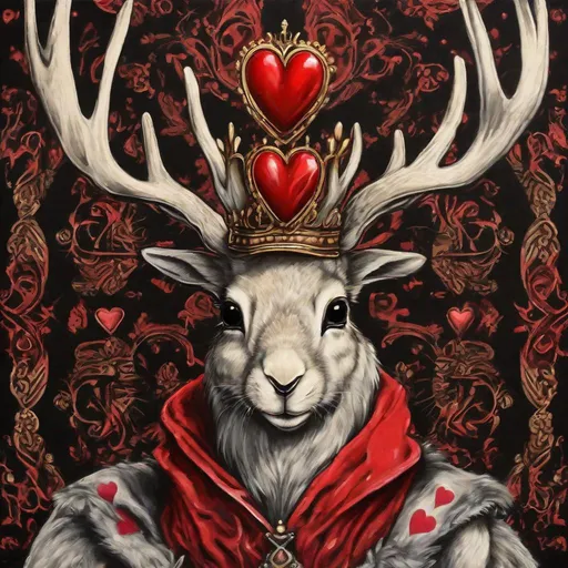 Prompt: Queen of Hearts Jackalope, off with their heads, colors are red and black with a golden crown, masterpiece, best quality, in spray paint art style