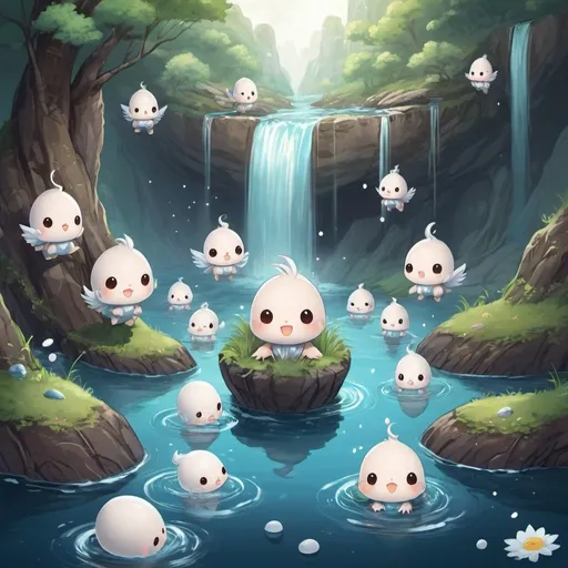 Prompt: When it is time for them to lay eggs, they can be seen swimming up rivers and falls in large groups in chibi light and space art style
