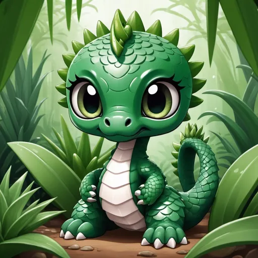 Prompt: cobra with swamp-green scales and white-green under scales and a aloe-leaf frill around it's neck background jungle in chibi art style