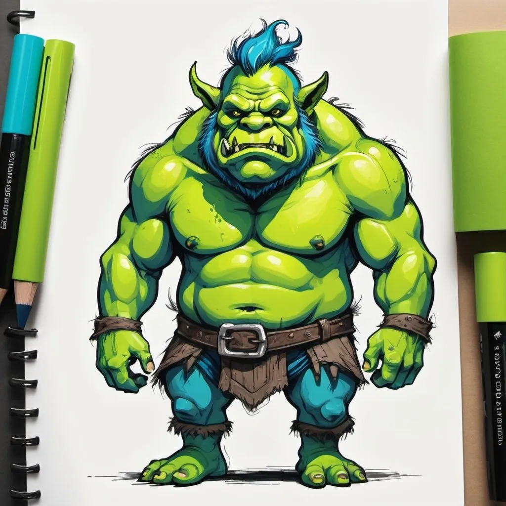Prompt: Ogre with green-yellow green and blue palette in sketch note art style

