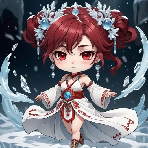 Prompt: Cocytus Anime Girl with ice-white skin and hair in a fancy chinese style wearing a ice-white Greek style gown with dark red head ornaments and jewelry and she commands the shattering force of ice and cold, background blizzard, in 2d chibi art style