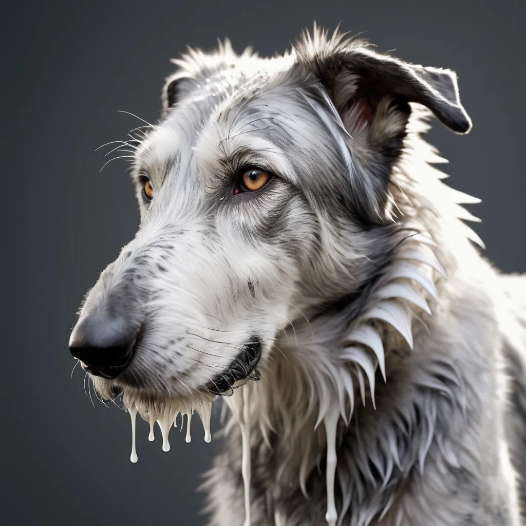 Prompt: Horker which is a wolfhound of molted silver white and gray fur that drips with silver, in dripping art style 
