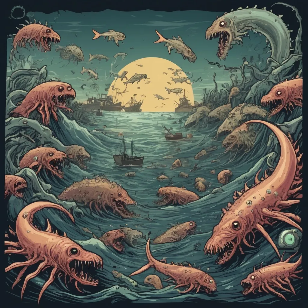 Prompt: A plague spread by infected sea life and sea monsters that surged upon the land to infect all, in icon art style

