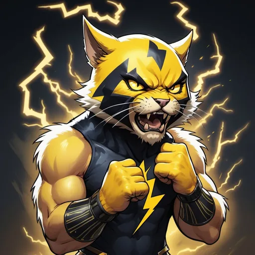 Prompt: Neko in yellow fur and covered in black lightning tattoos a shock of thunder around them and thunder wreathing their fists as they thunderpunch, in card art style
