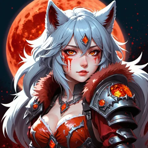 Prompt: Bloodfang Anime Girl with orange and crimson fur bushy tail blue glowing eyes wolf ears and dressed in ragged armor splattered with crimson, background crimson moon, in magna art style