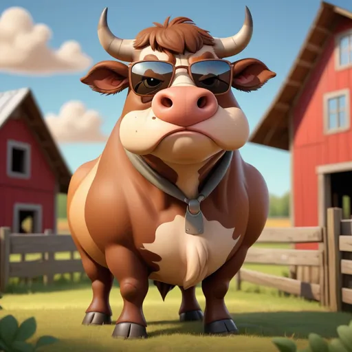 Prompt: Bull with shades of brown fur looking peaceful at a farm, in 3d cartoon art style
