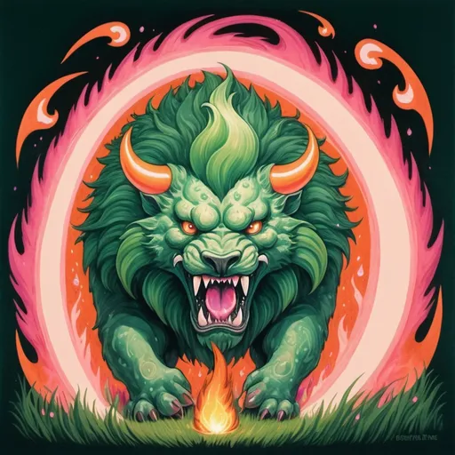 Prompt: A behemoth with peach-orange fur and solid white eyes with a mane of flames and covered in green grass with pink gems and holding a torch in jaws, background swirl of fire, in aquatint art style