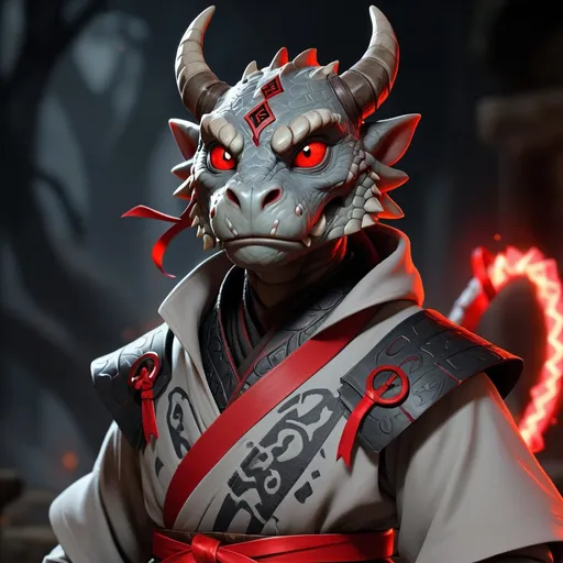 Prompt: Dragonborn wearing a light-grey robe with a red ribbon belt and black rune patterns and is a mage, masterpiece, best quality, background night surrounded by glowing eyes