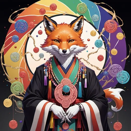 Prompt: Onmyouji Fox master surrounded by a swirl of talisman tags  in rainbow aesthetic art style 
