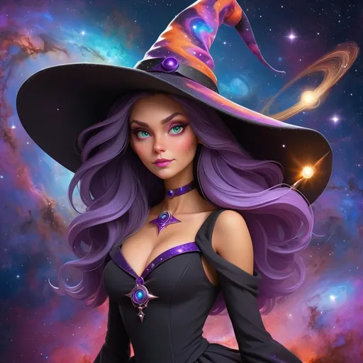Prompt: Witch, Deep Space Sparkle, witch hat with galaxy swirls, witch outfit, wand with saturn on top, best quality, masterpiece, background vivid stars nebula space