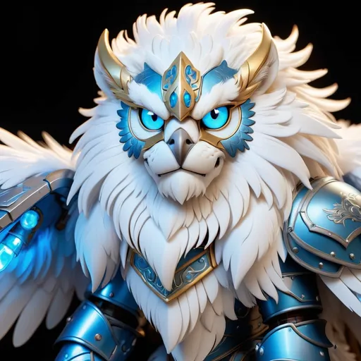 Prompt: Gryphon with fluffy white fur and mane and covered in white and blue armor with glowing light-blue eyes, masterpiece, best quality
