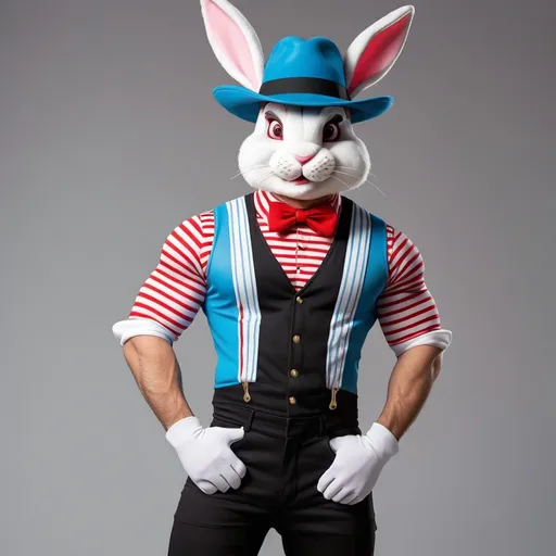 Prompt: Enforcer Capone Male dressed in a bunny costume with bunny ears costume is a black jumpsuit with white pants and red striped vest and blue suspenders and a white cowboy hat