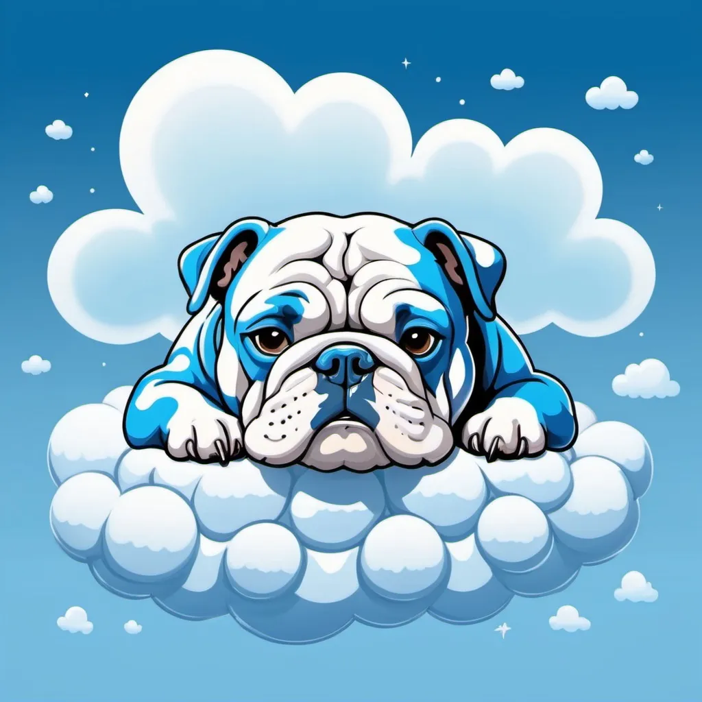 Prompt: vivid blue Bulldog with white cloud-like pattern sleeping on a cloud in the sky in icy cartoon art style