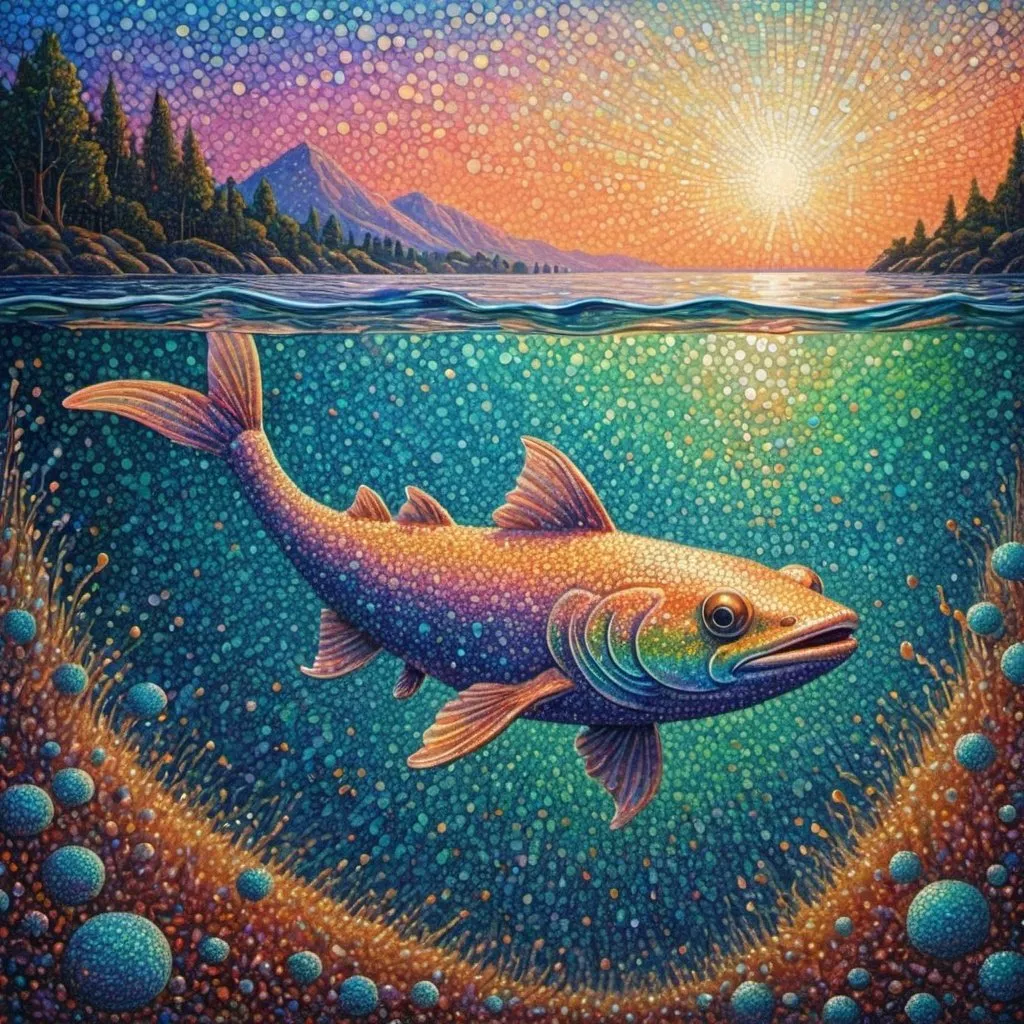 Prompt: Famous for being very unreliable. It can be found swimming in seas, lakes, rivers and shallow puddles in  in kinetic pointillism iridescent art style