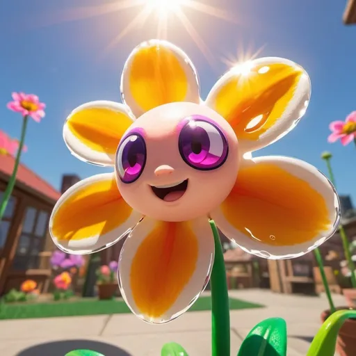 Prompt: The flower on its back catches the sun's rays. The sunlight is then absorbed and used for energy in Splatoon bubbles art style