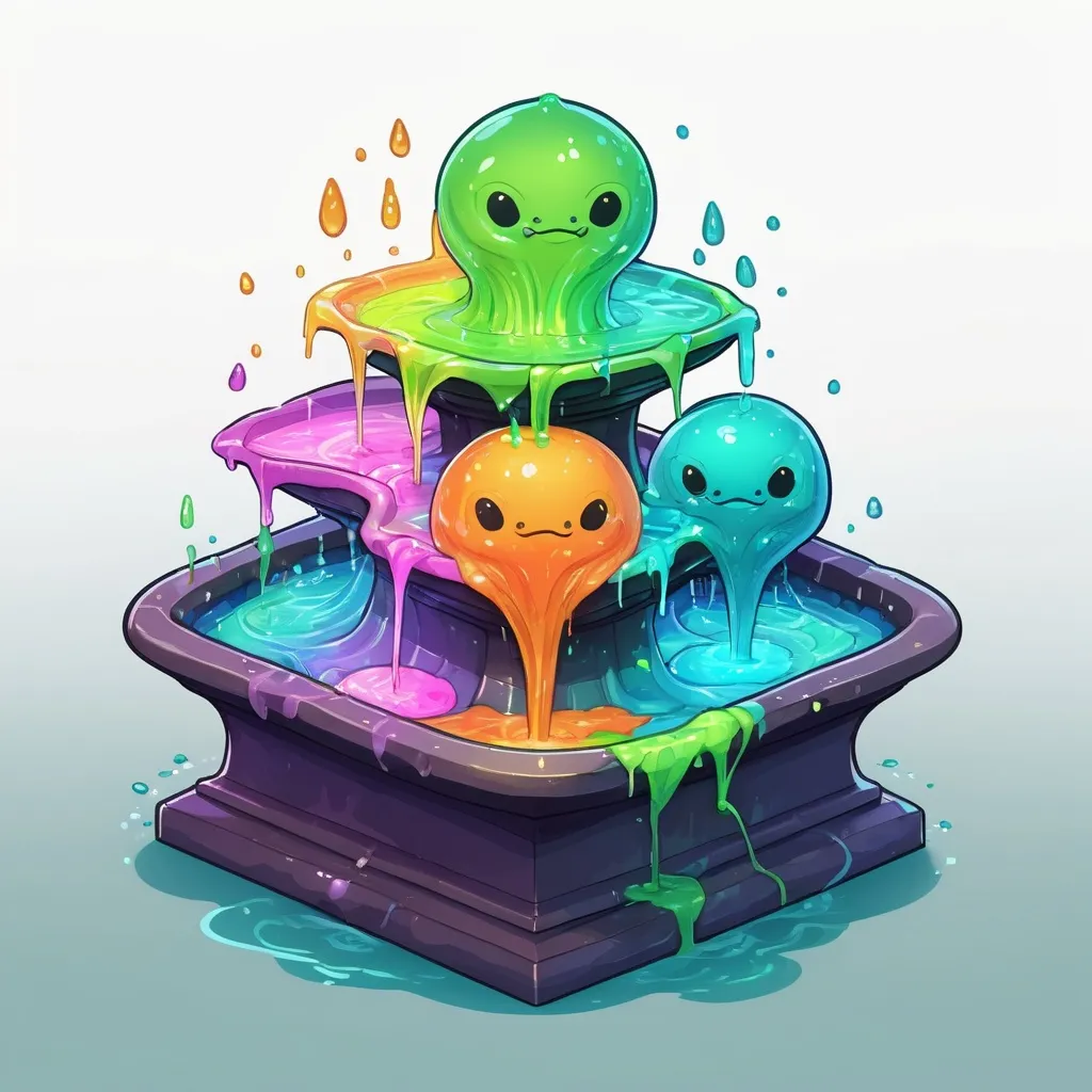 Prompt: A four-way fountain each side filled with strange glowing slime in many colors, in zen tangle art style
