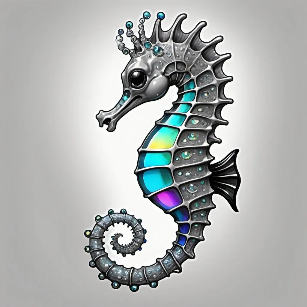 Prompt: Alien Seahorse that is gray with a silver iridescent sheen with a bulbous head and solid black eyes background crystals in color sketch note art style