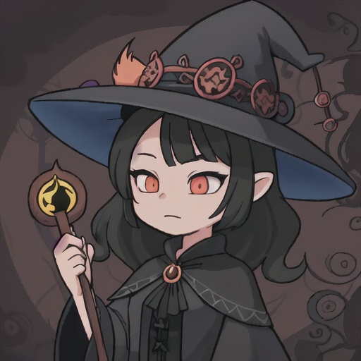 Prompt: Wood Witch, colors are Ebony, lacy witch hat and witch outfit ebony colored with wood and vine pattern, wand topped with a tree, best quality, masterpiece, background redwood forest
