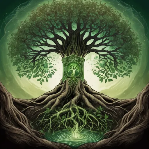 Prompt: Blessed Life tree glowing with green life the roots digging deep into the ground, In Tarot Card Art style