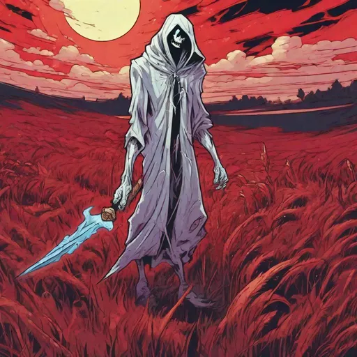 Prompt: Ghost, Bladesworn Talisman, mutilates its prey, crimson field at night, masterpiece, best quality, in cartoon art style
