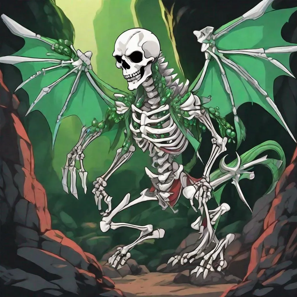 Prompt: Skeleton, crimson dragon wings, razor sharp white bones, green beads, lurking in a mountain cave, best quality, masterpiece, in cartoon art style
