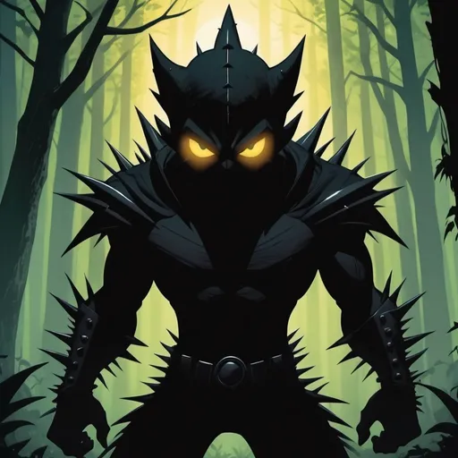 Prompt: Shadow with spikes and glowing eyes , in dc comics art style, background forest