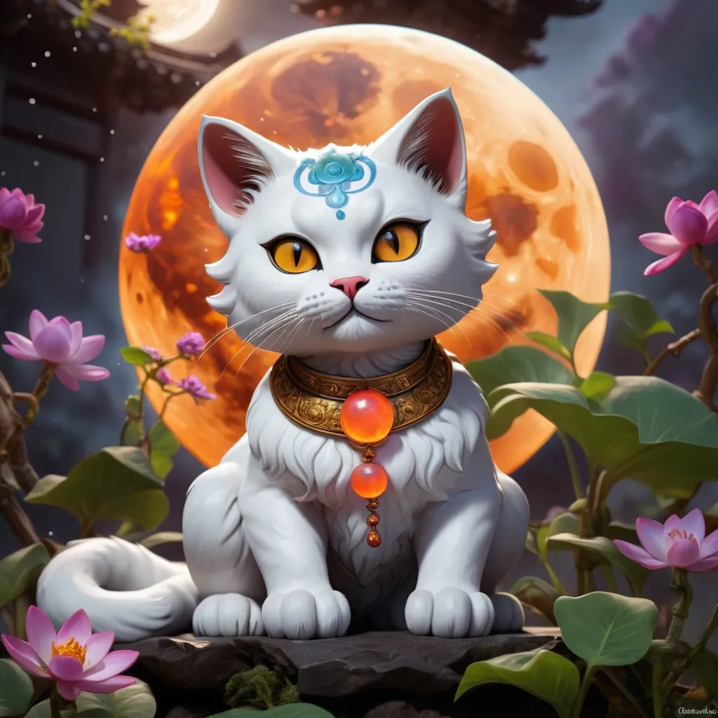 Prompt: Chandra Cat God of the moon that meows and causes plants and vegetation to bloom into life, masterpiece, best quality