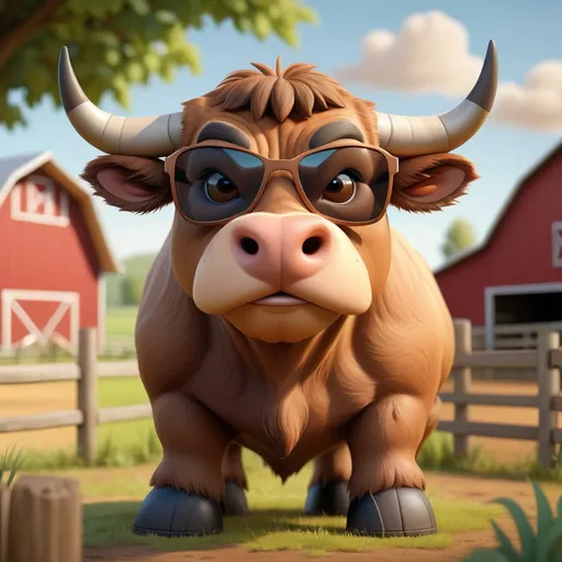 Prompt: Bull with shades of brown fur looking peaceful at a farm, in 3d cartoon art style
