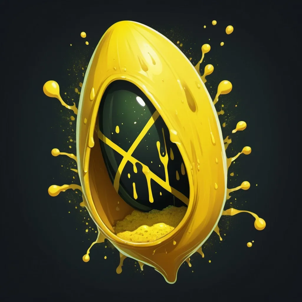 Prompt: A bright yellow toxic cocoon with poison powder drifting all around like rain, in card art style
