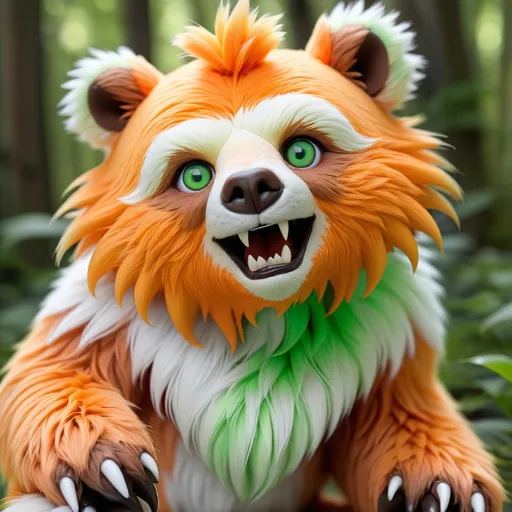 Prompt: Cataclaws bear covered in orange and white fur with green eyes and has long sloth-like claws, masterpiece, best quality