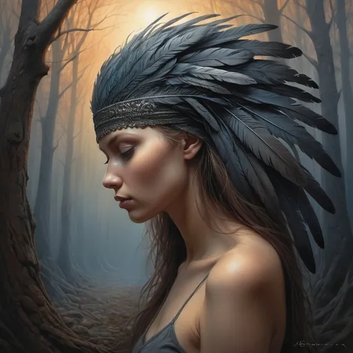 Prompt: feathers cover her head in dusk and shadow in Tomasz Alen Kopera  style
