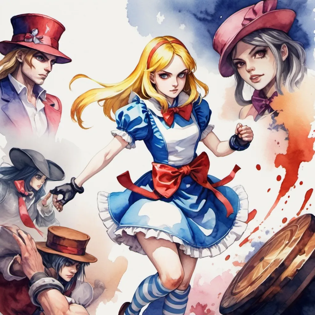 Prompt: Alice's Adventure in watercolor painting fighting game art style