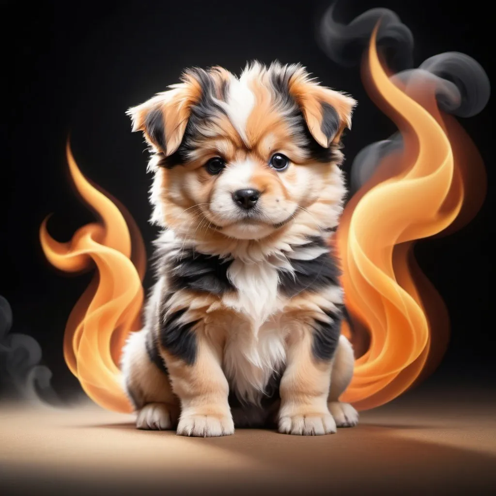 Prompt: cute fluffy orange with black stripes puppy fu dog sitting in the mist of a flare fire swirling all around, in card art style
