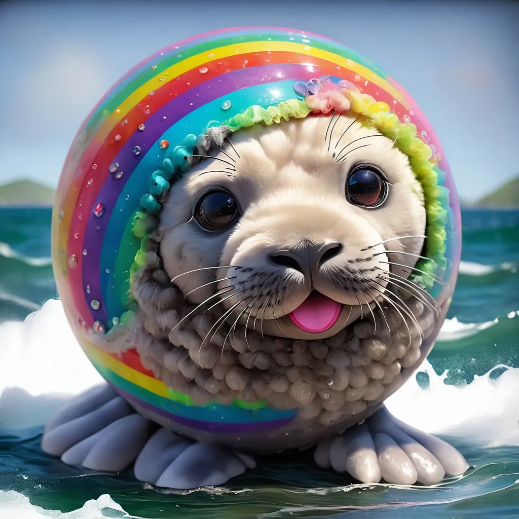 Prompt: Eel covered in grey seal fur with rainbow bands in the ocean with a giant toy ball, masterpiece, best quality