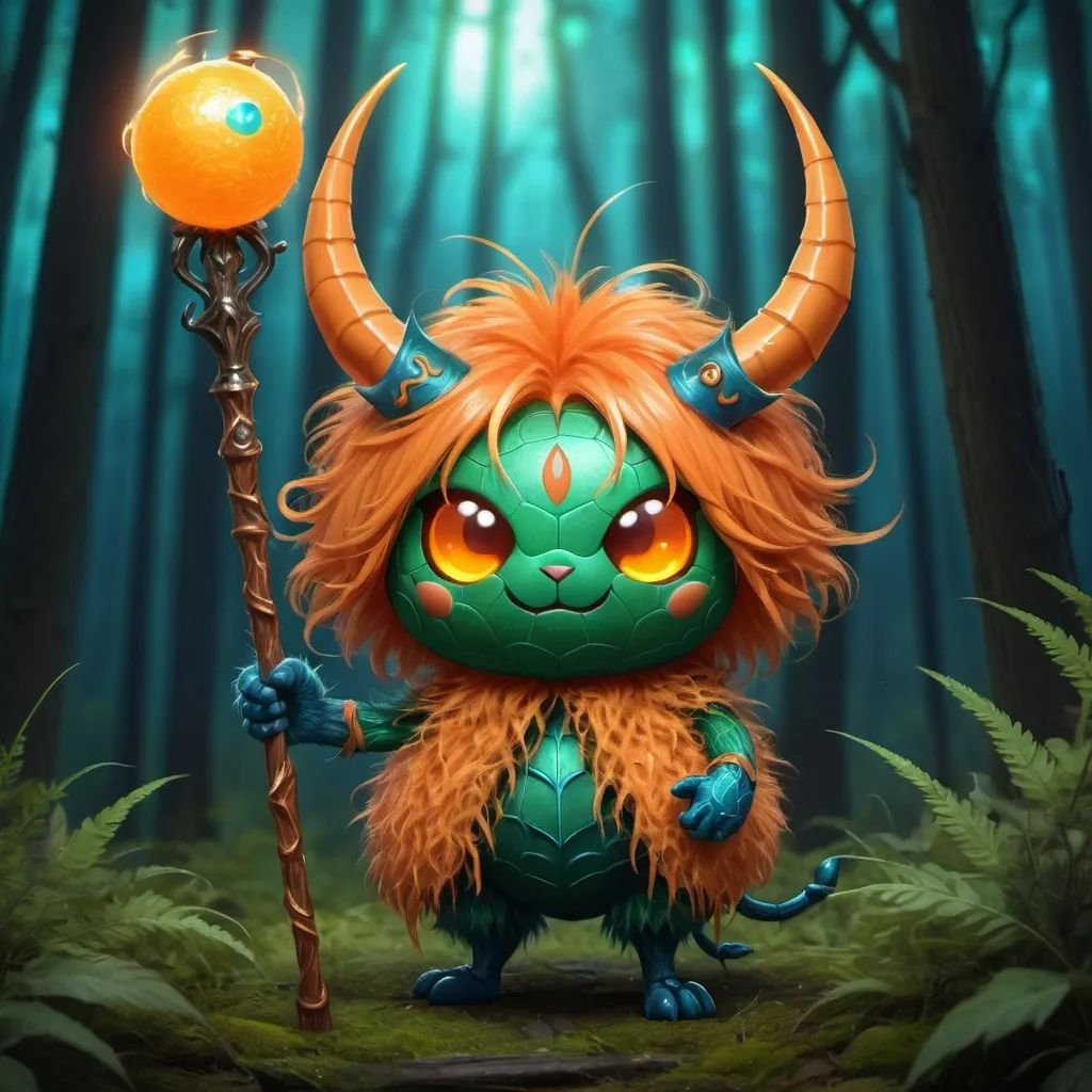 Prompt: Cute green spider covered in fluffy shaggy orange hair with horns and holding a staff with a glowing blue ball as it is a true beast master background forest in kimicore art style