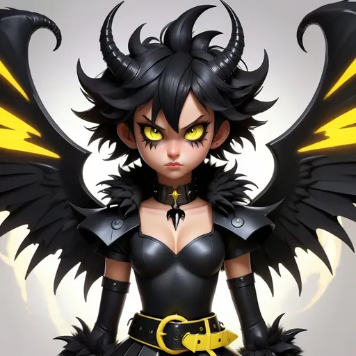 Prompt: Magical Transformation Girl with Solid Black costume with a fluffy black collar and belt, ebony spiked hair with black tendril horns and glowing yellow eyes and large demonic black wings, masterpiece, best quality
