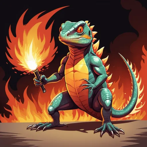 Prompt: A Lizard with a strange look on their face a tail of flame behind them claws ready to slash and a flamethrower wreathed in flames, in card art style
