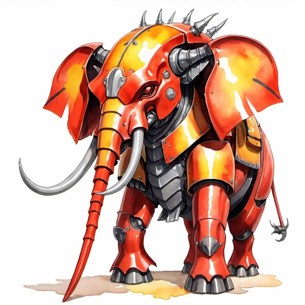 Prompt: Orange Elephant covered in red mecha armor with a long  graystag-beetle-like horn with yellow round tips and gray tusk, in watercolor anime art style