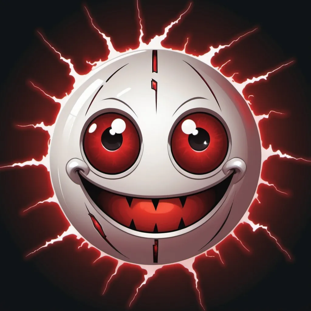 Prompt: A white and red orb with a demented grin and beady black eyes ready to electric shock anything, in card art style
