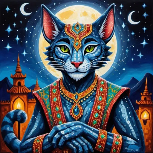 Prompt: A Khajiit in the moonlight shinning jewels in the sky singing to his love in alebrije painting art style