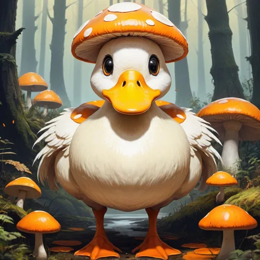 Prompt: Bipedal creature resembling a giant Duck with cream feathers and black eyes with a giant mushroom cap that is orange with orange-yellow spots in a mushroom forest in anime portrait art style