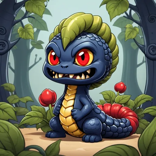 Prompt: cobra curled around a giant beanstalk with navy blue fur and scales and yellow underbelly scales and multiple fangs with angry red eyes  in chibi art style