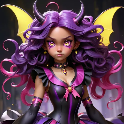 Prompt: Magical Transformation Girl with purple and Black costume with magenta collar and ribbons, violet flowing hair with purple tendril horns and glowing yellow eyes and purple and pink bat wings, masterpiece, best quality