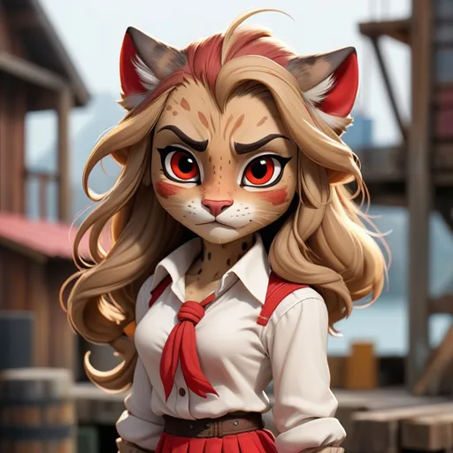 Prompt: Abelaya is a female khajiit with brown fur and darker brown spots and long light-brown flowing hair dressed in dock worker's white shirt with a red top and skirt and work gloves, in chibi art style, background docks
