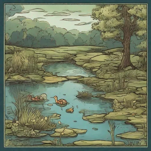 Prompt: A Folk Tale, the story of how a pond was formed, In trading card art style, best quality, masterpiece