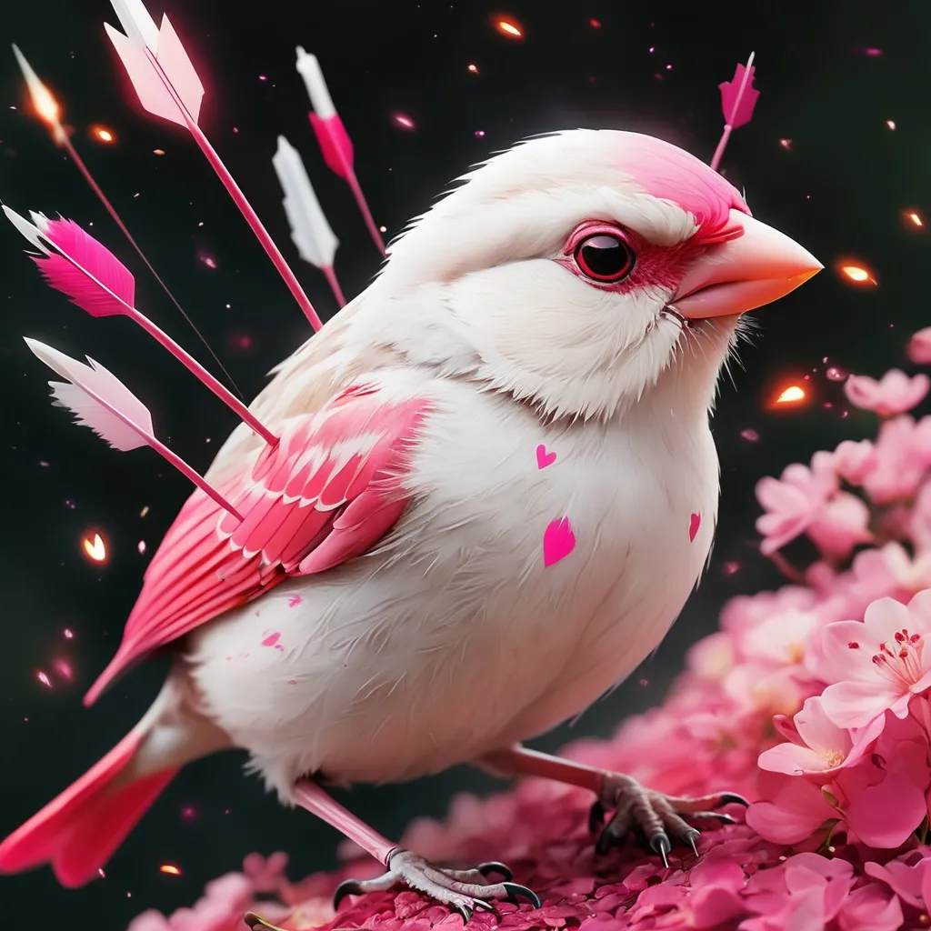 Prompt: Astrilid a finch of brillent white and vivid pinks with floating arrows that fire Love-fire arrows
