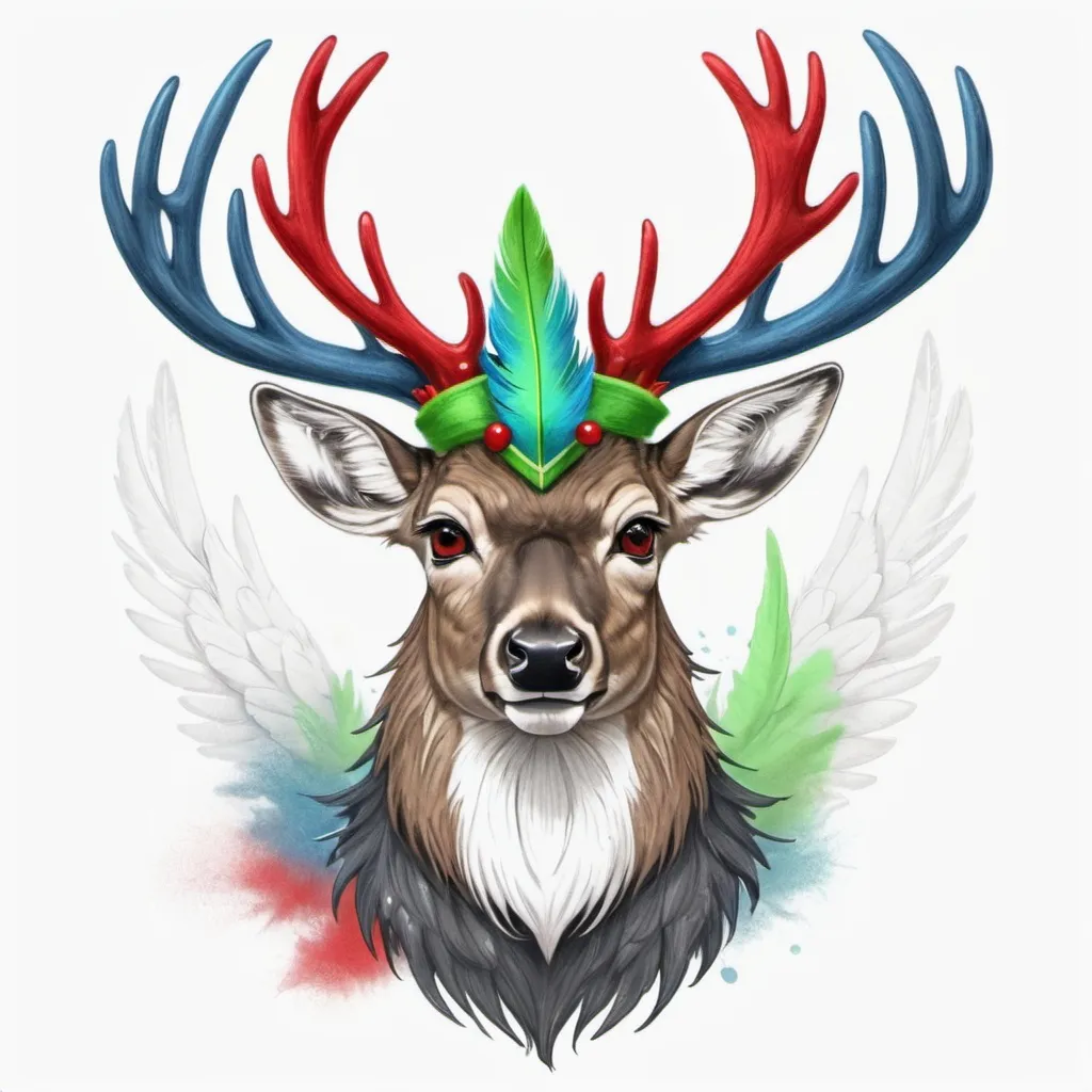 Prompt: deer with dark gray fur and white feathers with feathered wings and red feathered cap and green-blue antlers made of snot that sweep back and droop down, in pencil art style