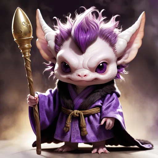 Prompt: Affogato Axolotl chocolate brown skin with darker brown furry whiskers with white highlights dressed in a purple and white robe with a black and purple staff with a evil cunning look in their eyes