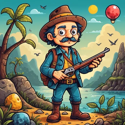 Prompt: Plucky Treasure Hunter in sticker naive art style